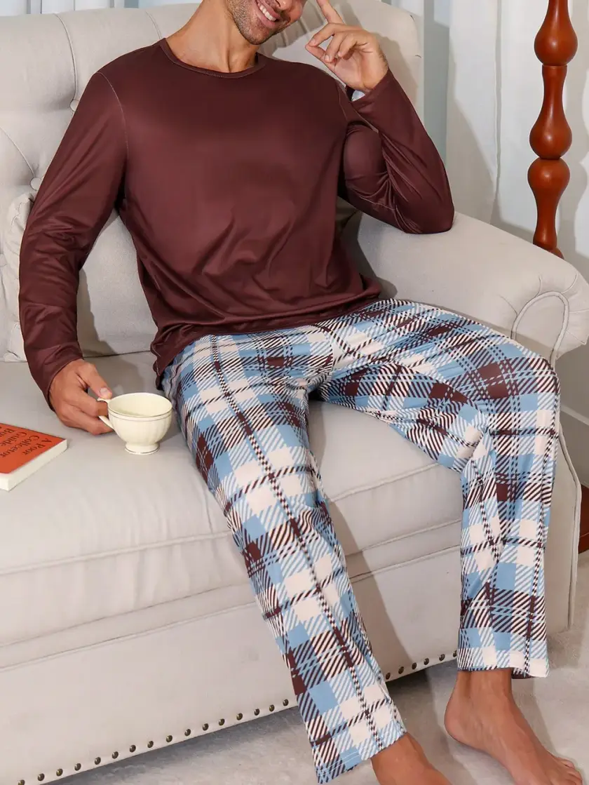 Men's Plaid Long Sleeve Pajama Set
