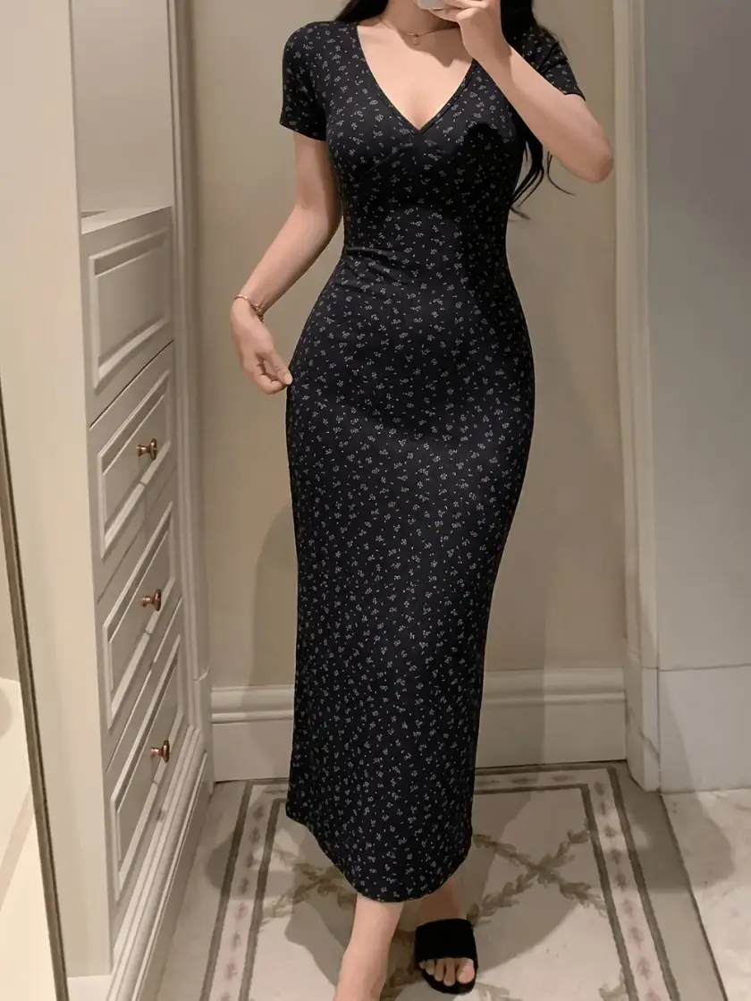 Women's Floral Print Ribbed Short Sleeve Nightdress