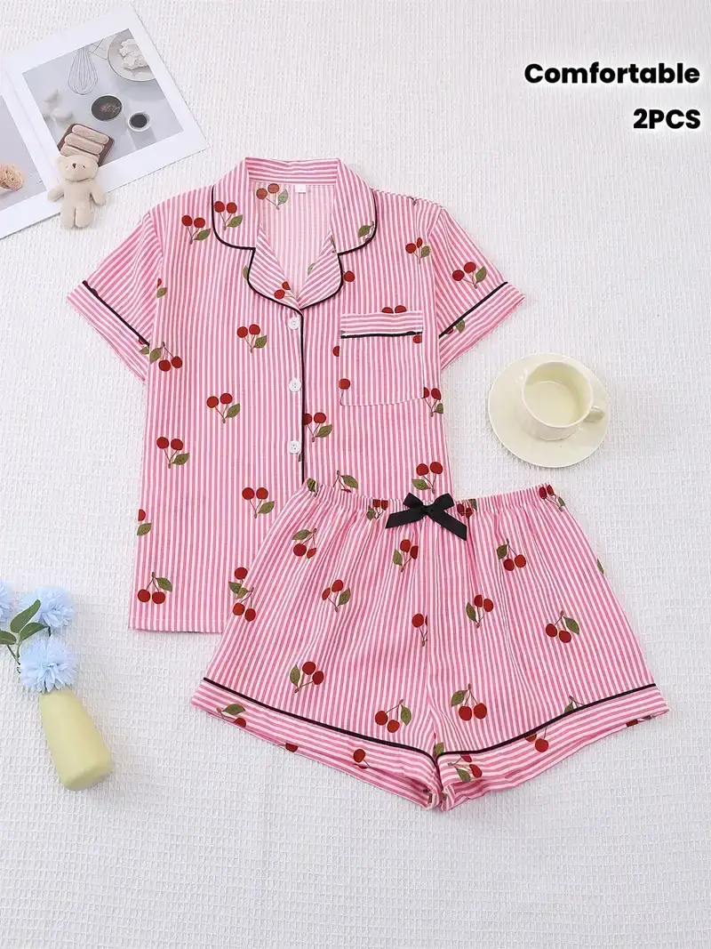Women's Cherry Print Short Sleeve Pajama Set