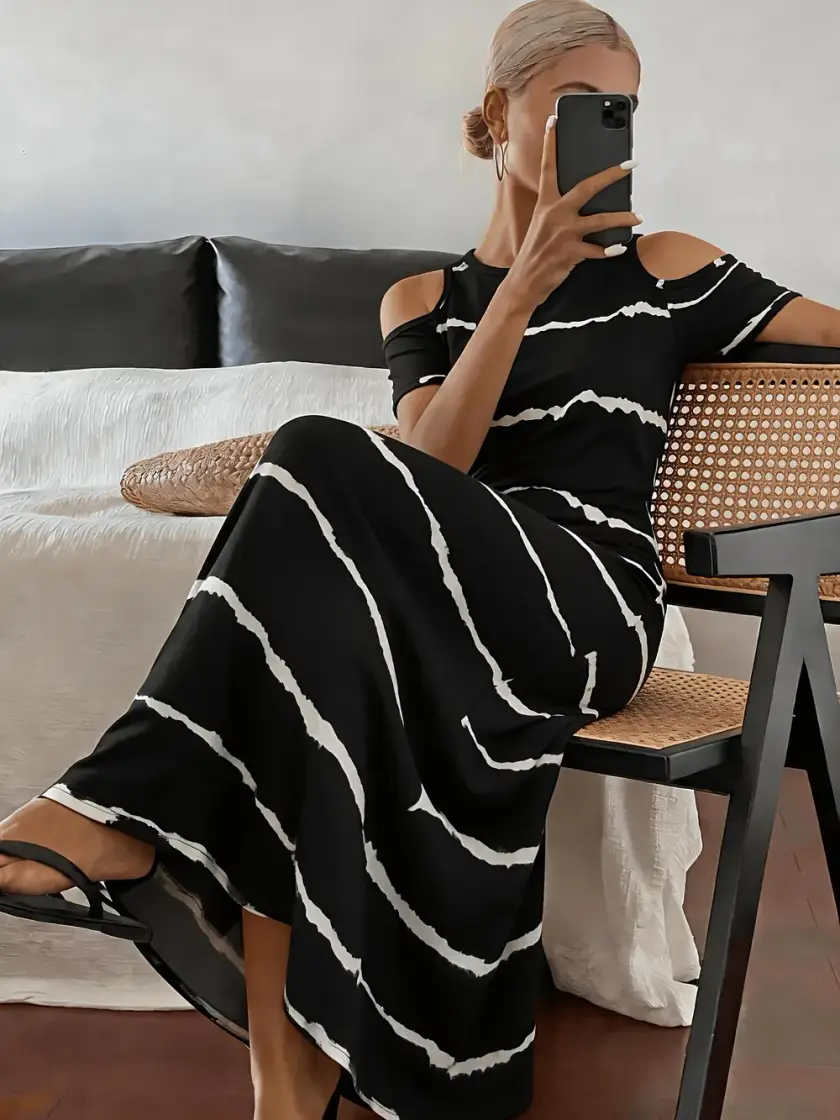 Women's Striped Cold Shoulder Maxi Dress