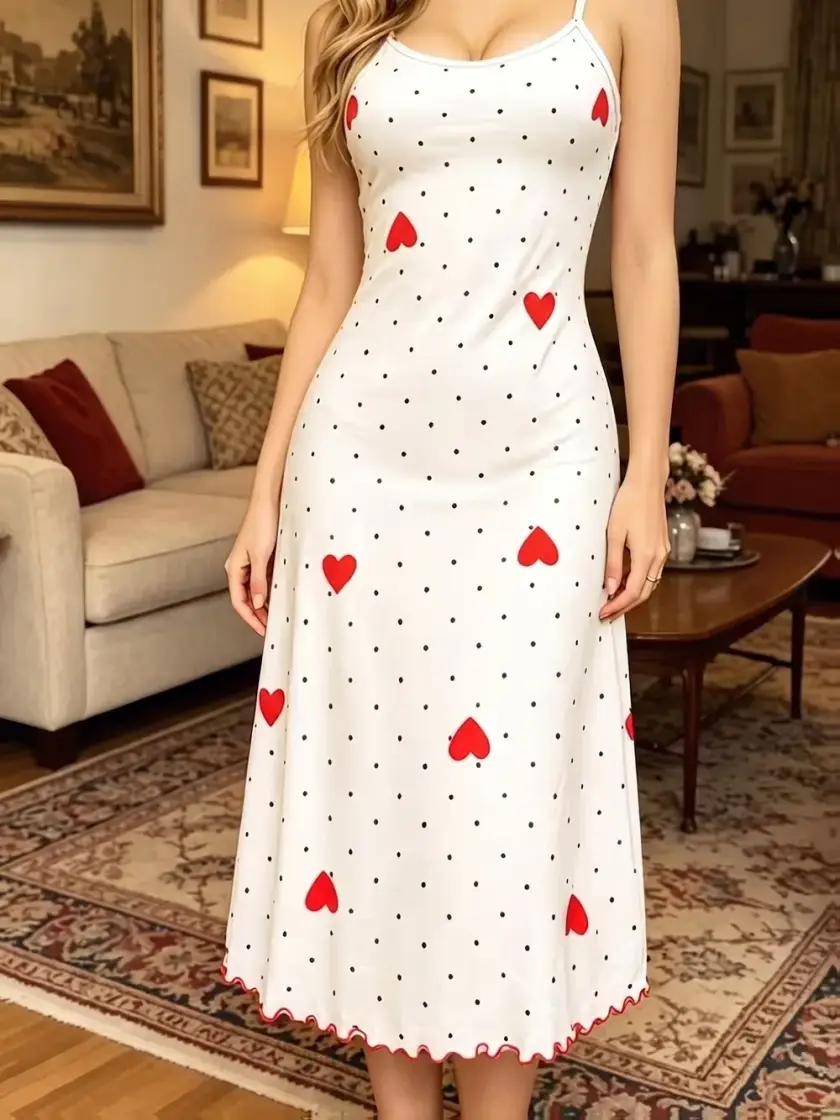 Women's Heart & Polka Dot Print Ruffle Cami Nightdress