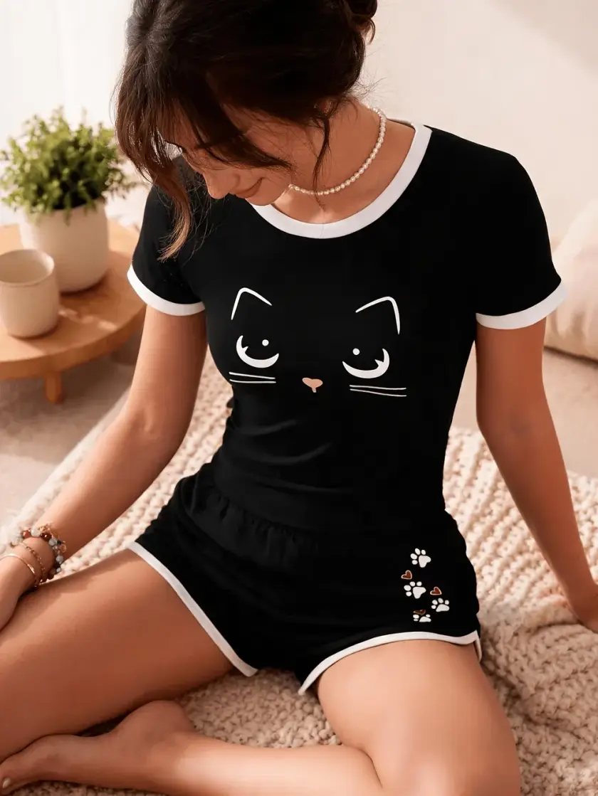 Women's Cat Print Short Sleeve Pajama Set