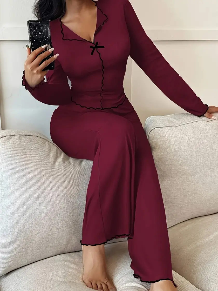 Women's Bow Detail Long Sleeve Pajama Set