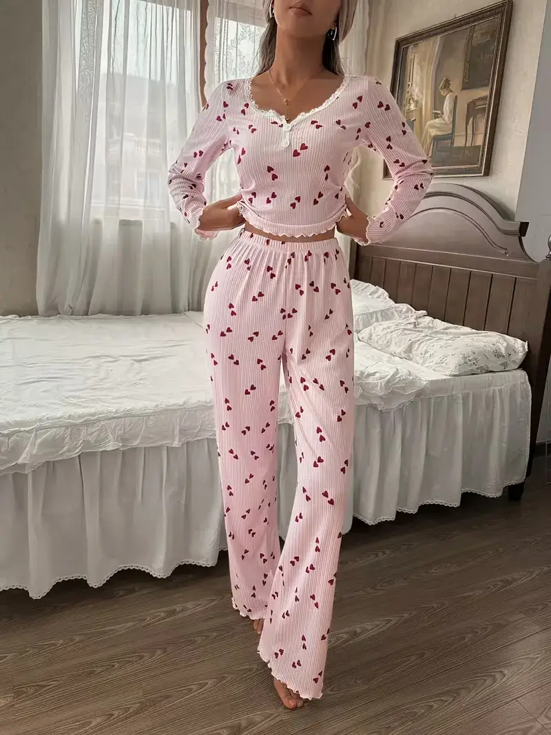 Women's Heart Print Ribbed Long Sleeve Pajama Set