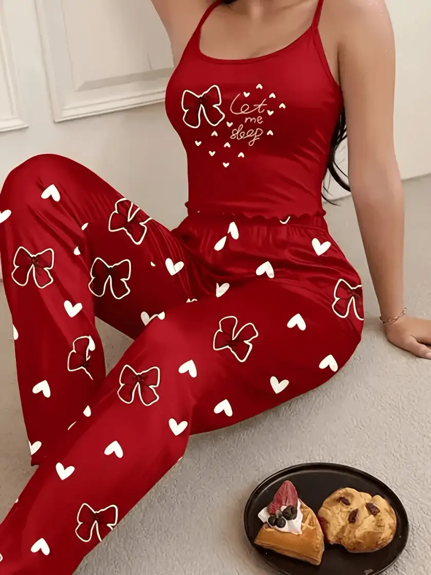 Women's Heart & Graphic Bow Detail Cami Pajama Set