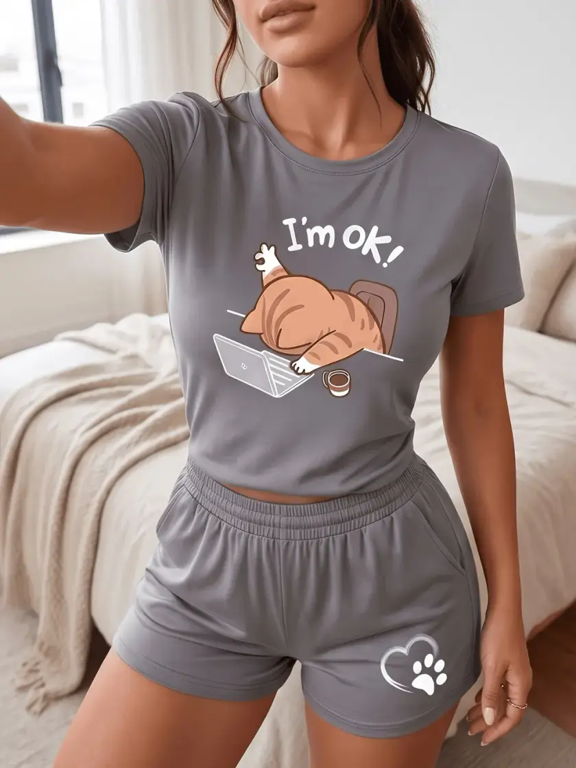 Women's Cat & Dog Print Short Sleeve Pajama Set
