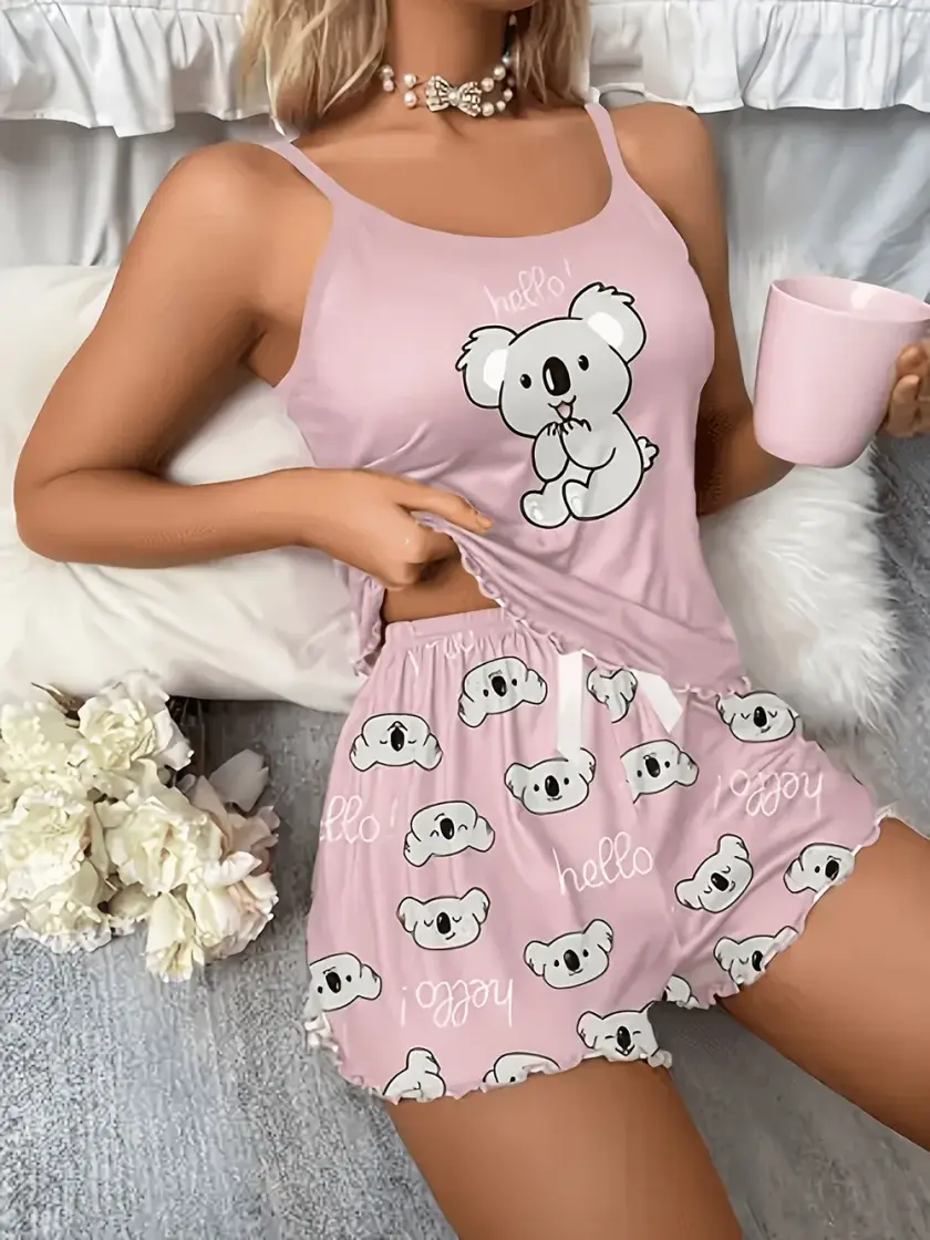 Women's Koala Print Ruffle Cami Pajama Set