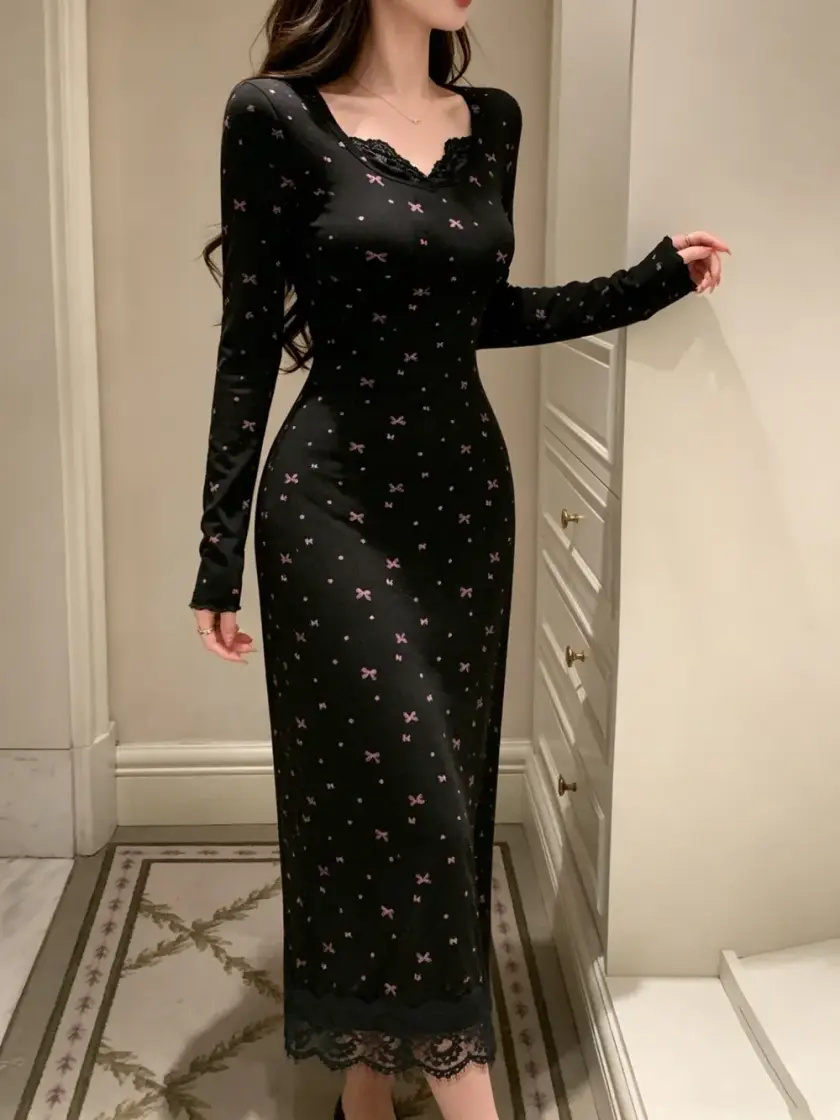 Women's Bow Print Lace Long Sleeve Dress