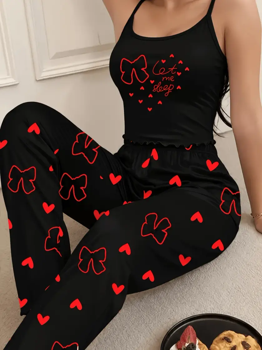 Women's Heart & Graphic Bow Detail Cami Pajama Set