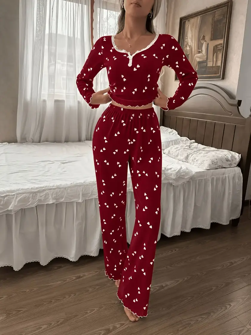 Women's Heart Print Lace Long Sleeve Pajama Set