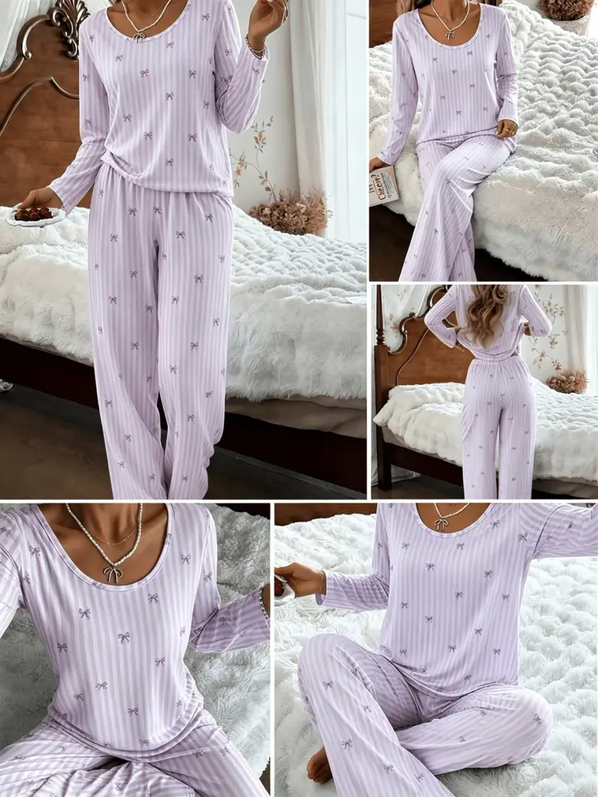 Women's Striped Bow Detail Long Sleeve Pajama Set