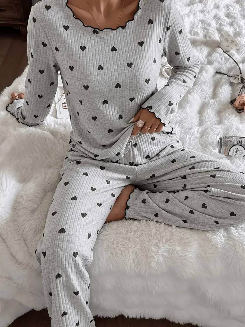 Women's Heart Print Ribbed Long Sleeve Pajama Set