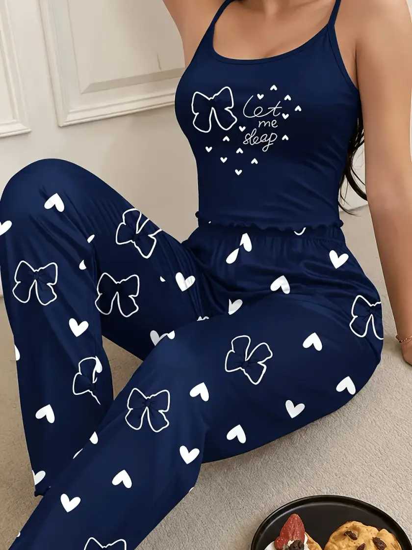 Women's Heart & Graphic Bow Detail Cami Pajama Set