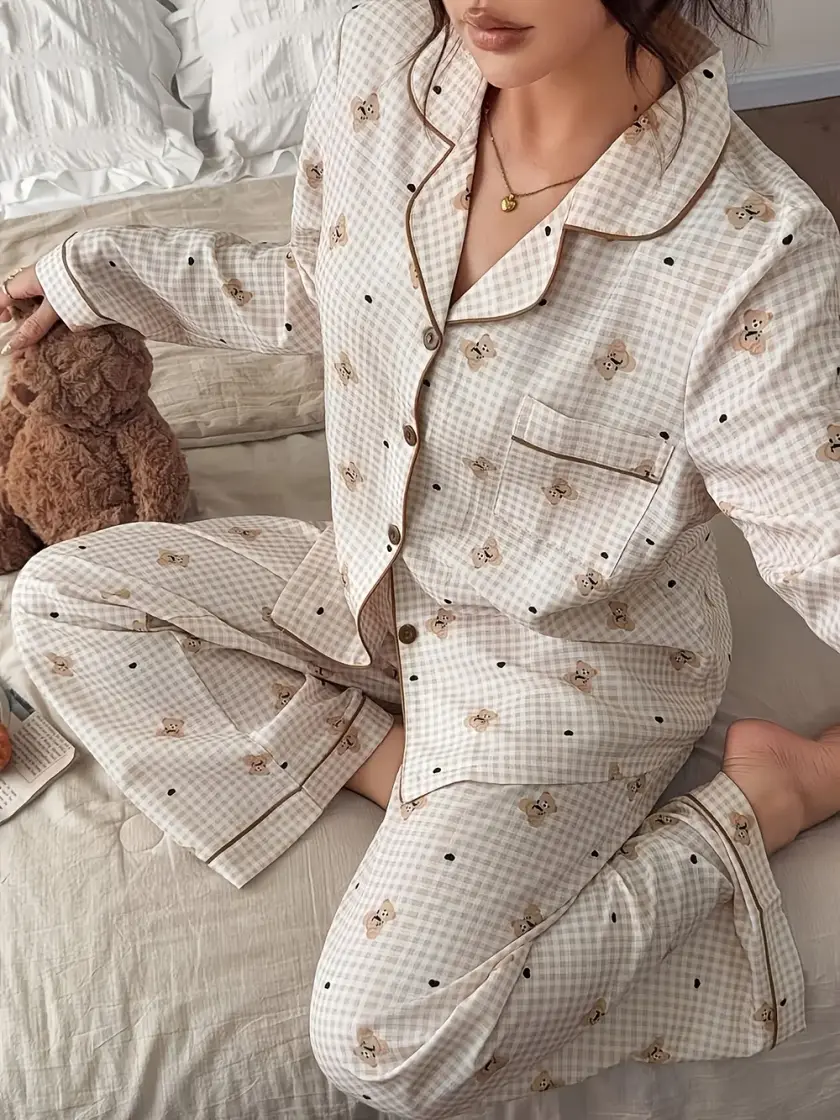 Women's Bear & Plaid Long Sleeve Pajama Set