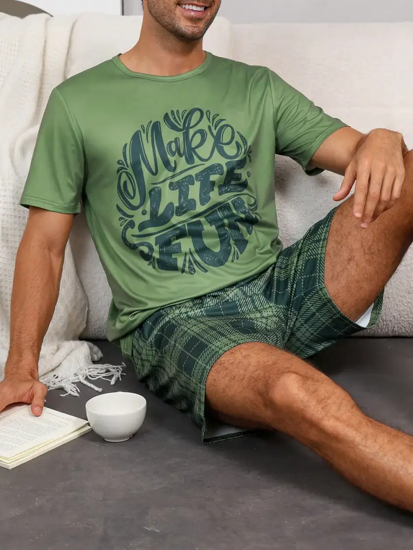 Men's Plaid & Graphic Short Sleeve Pajama Set