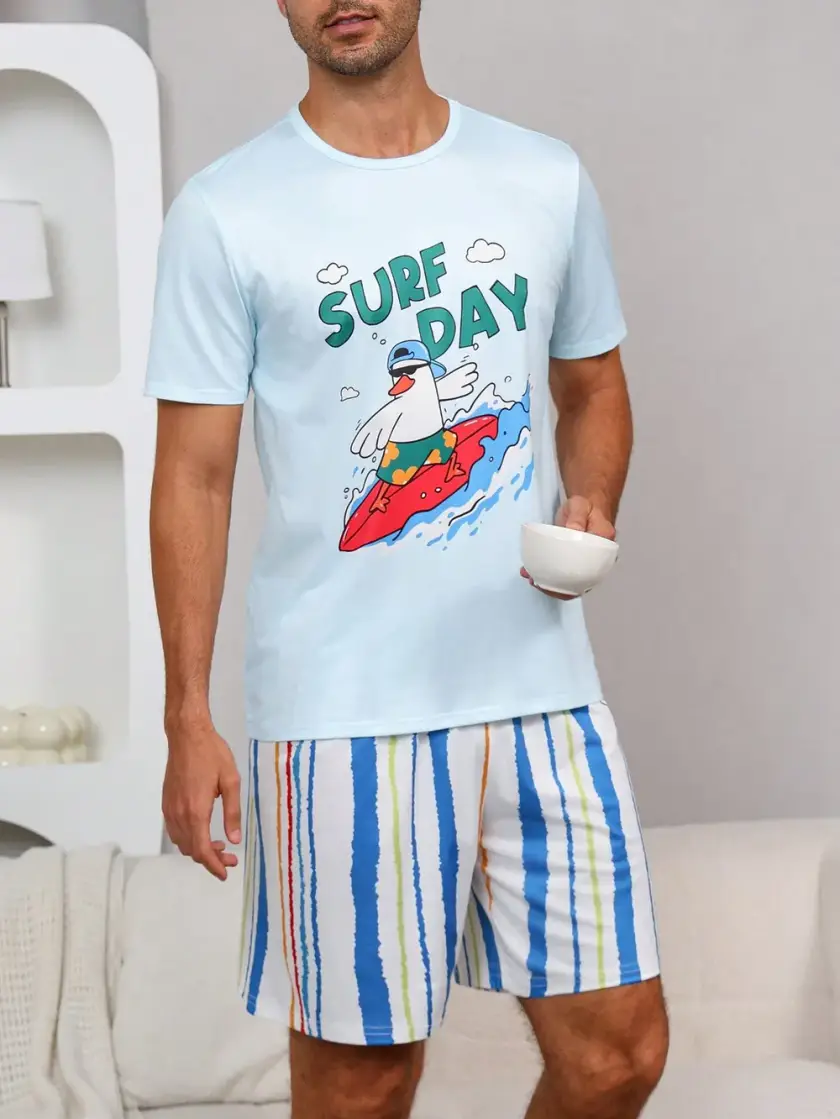 Men's Striped & Duck Short Sleeve Pajama Set