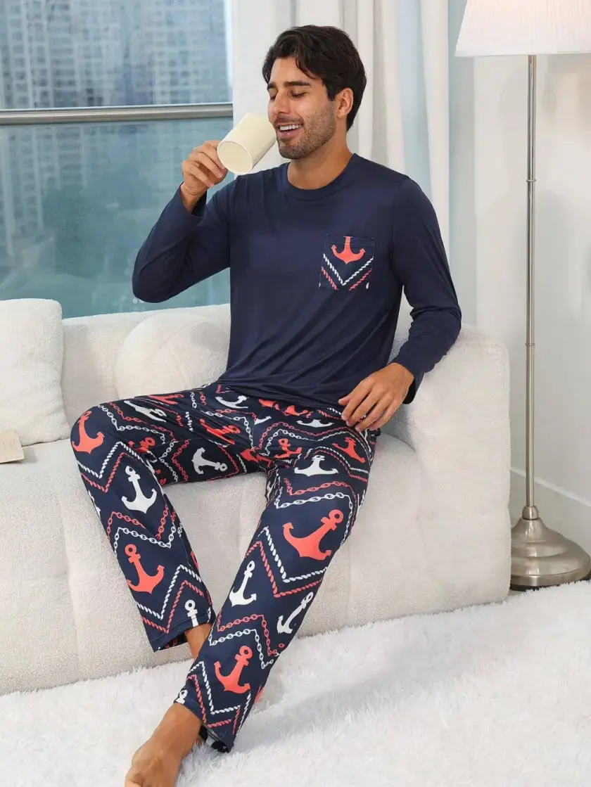 Men's Anchor Print Long Sleeve Pajama Set