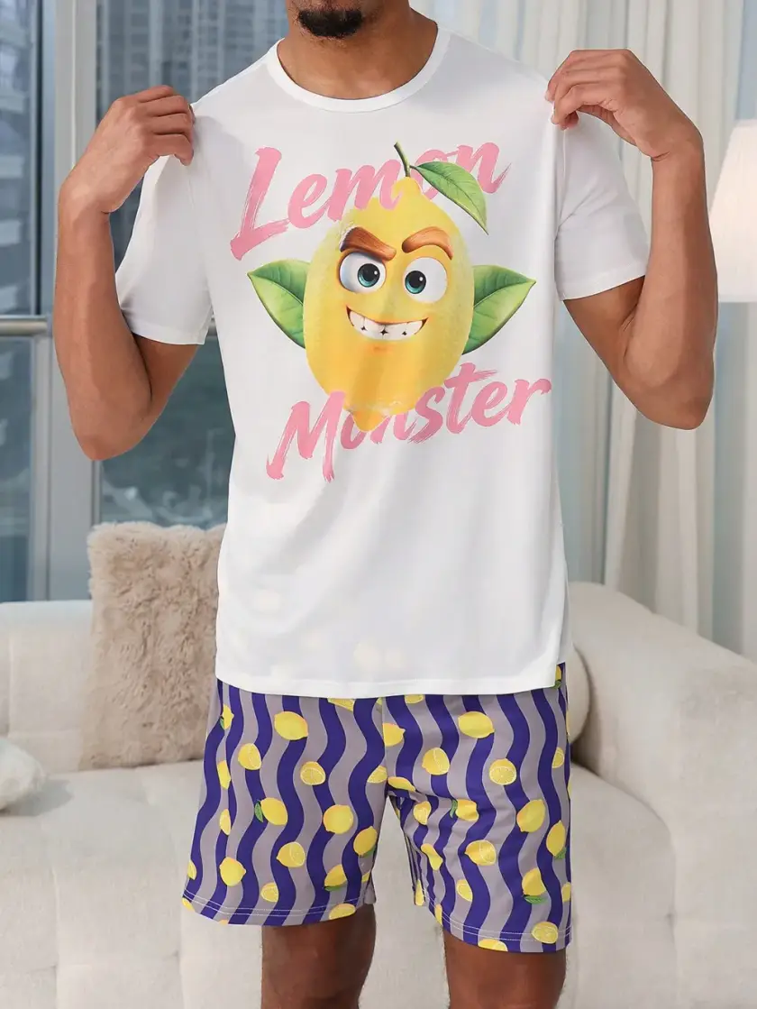 Men's Striped & Lemon Short Sleeve Pajama Set