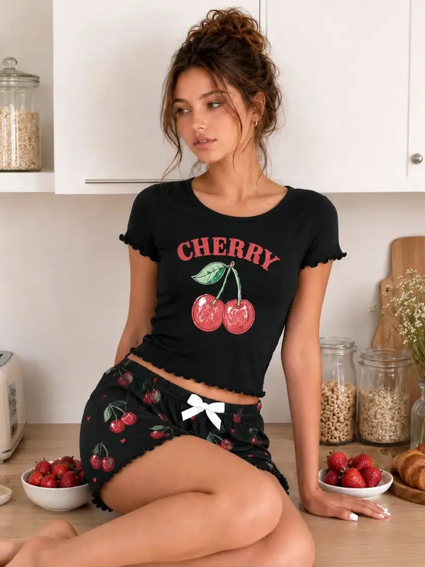 Women's Cherry Print Ruffle Pajama Set