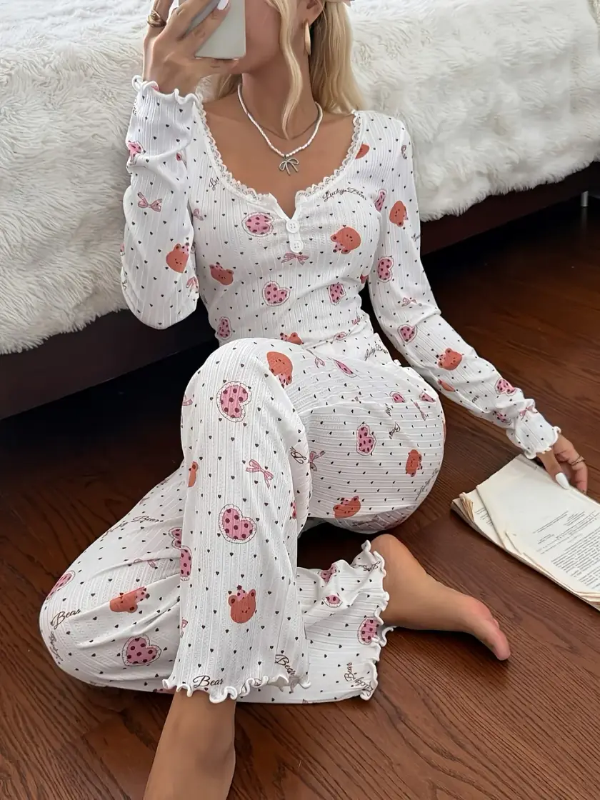 Women's Bear & Heart Print Lace Long Sleeve Pajama Set