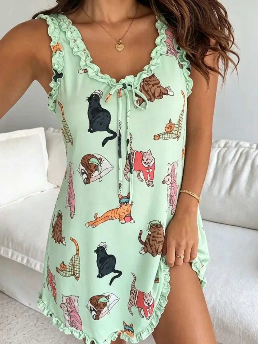Women's Cat Print Ruffle Cami Nightdress