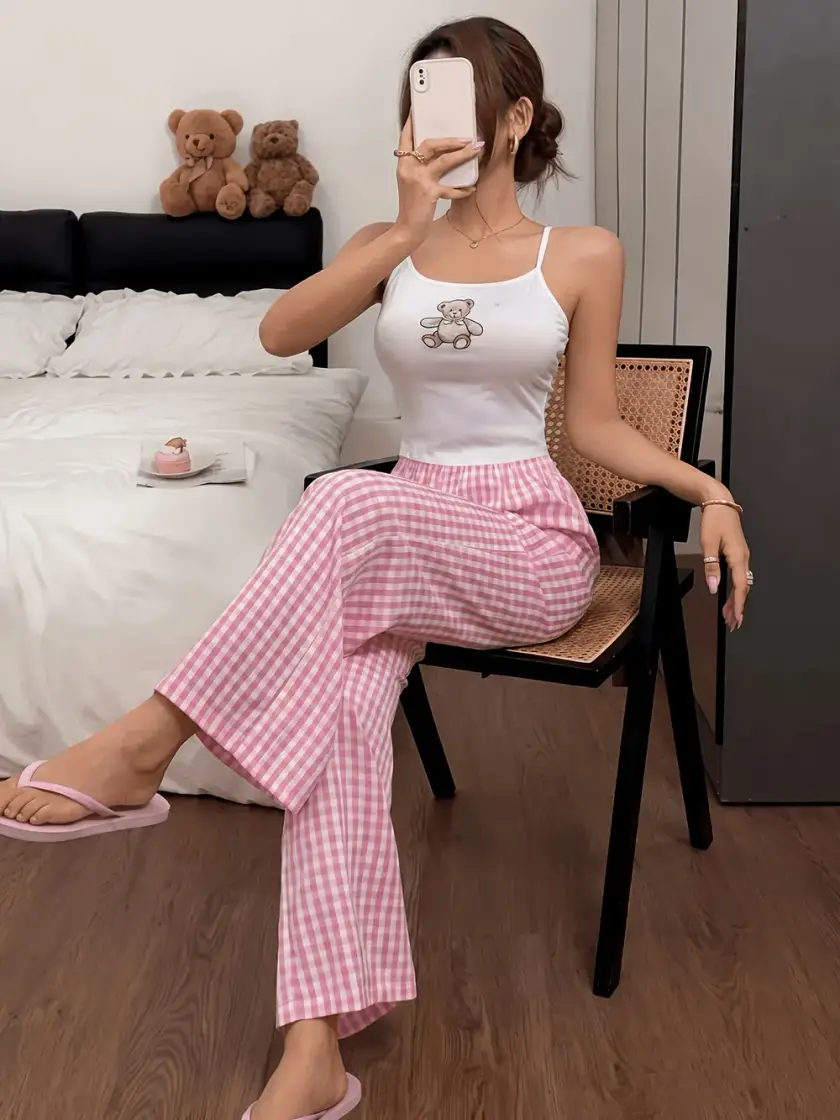 Women's Teddy Bear & Plaid Cami Pajama Set