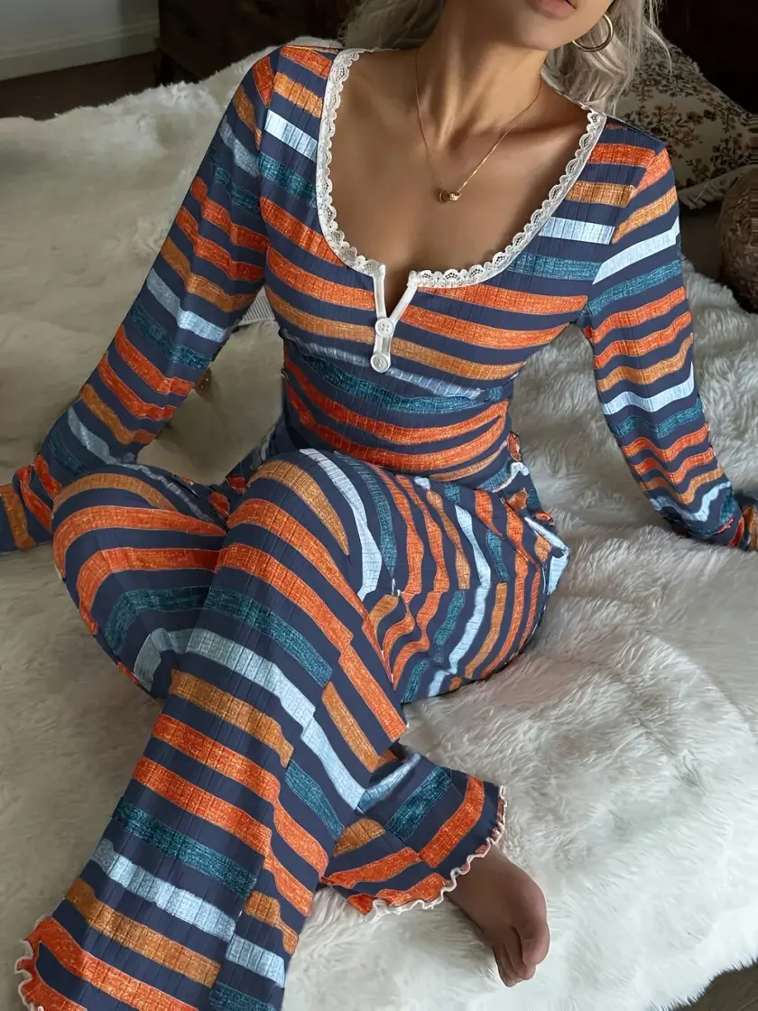 Women's Striped Lace Long Sleeve Pajama Set