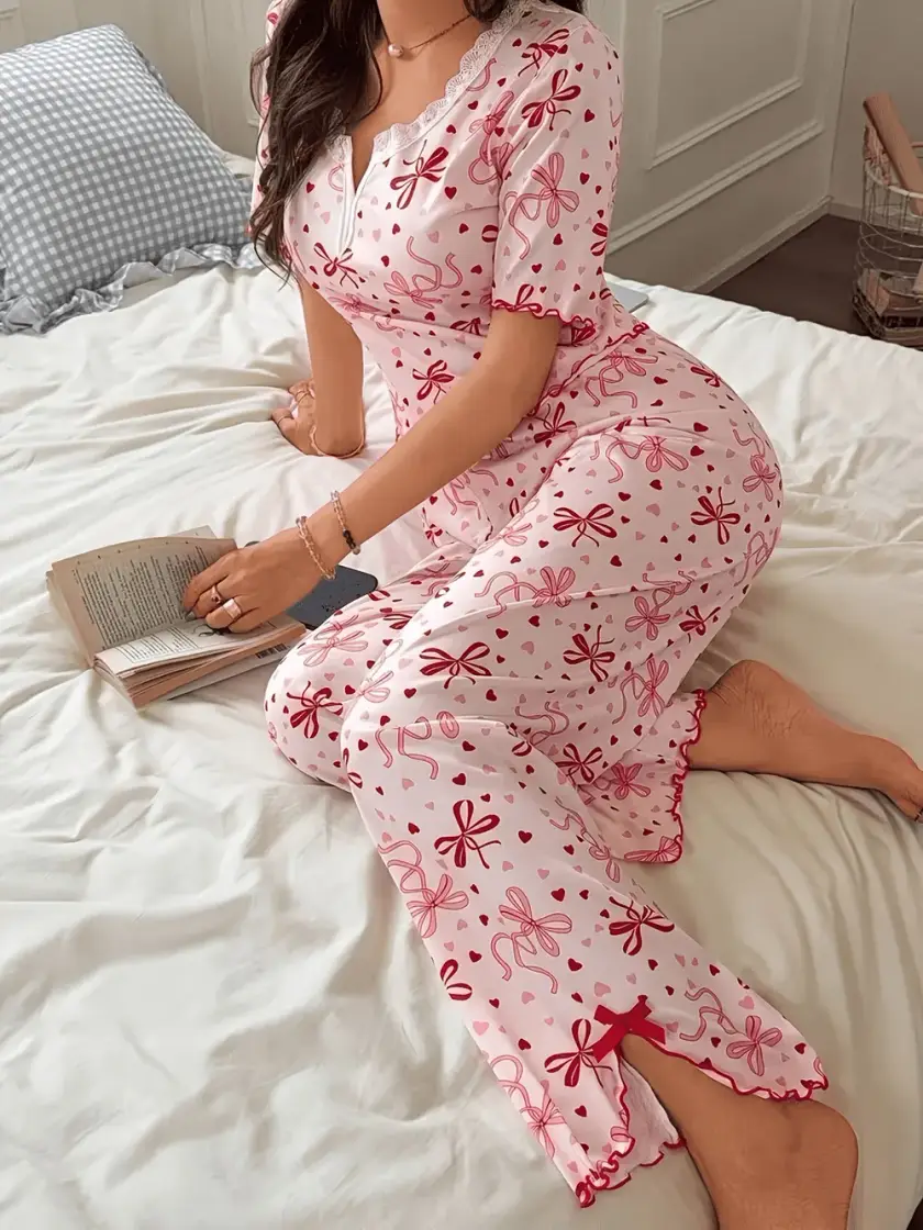 Women's Floral Print Bow Detail Short Sleeve Pajama Set