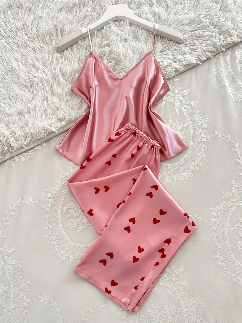 Women's Heart Print Satin Cami Pajama Set