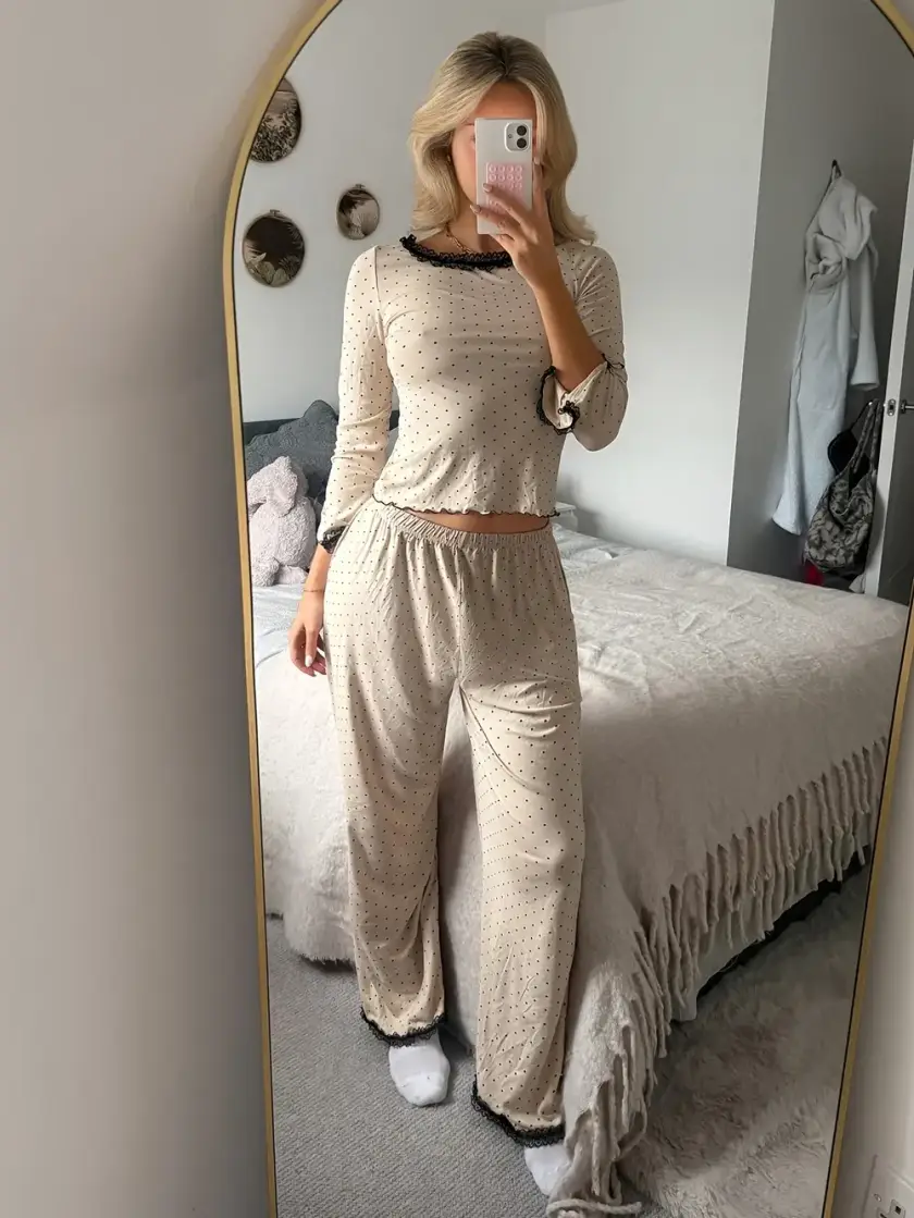 Women's Polka Dot Print Lace Long Sleeve Pajama Set