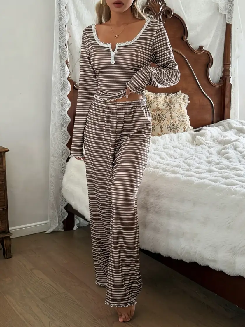 Women's Striped Lace Long Sleeve Pajama Set