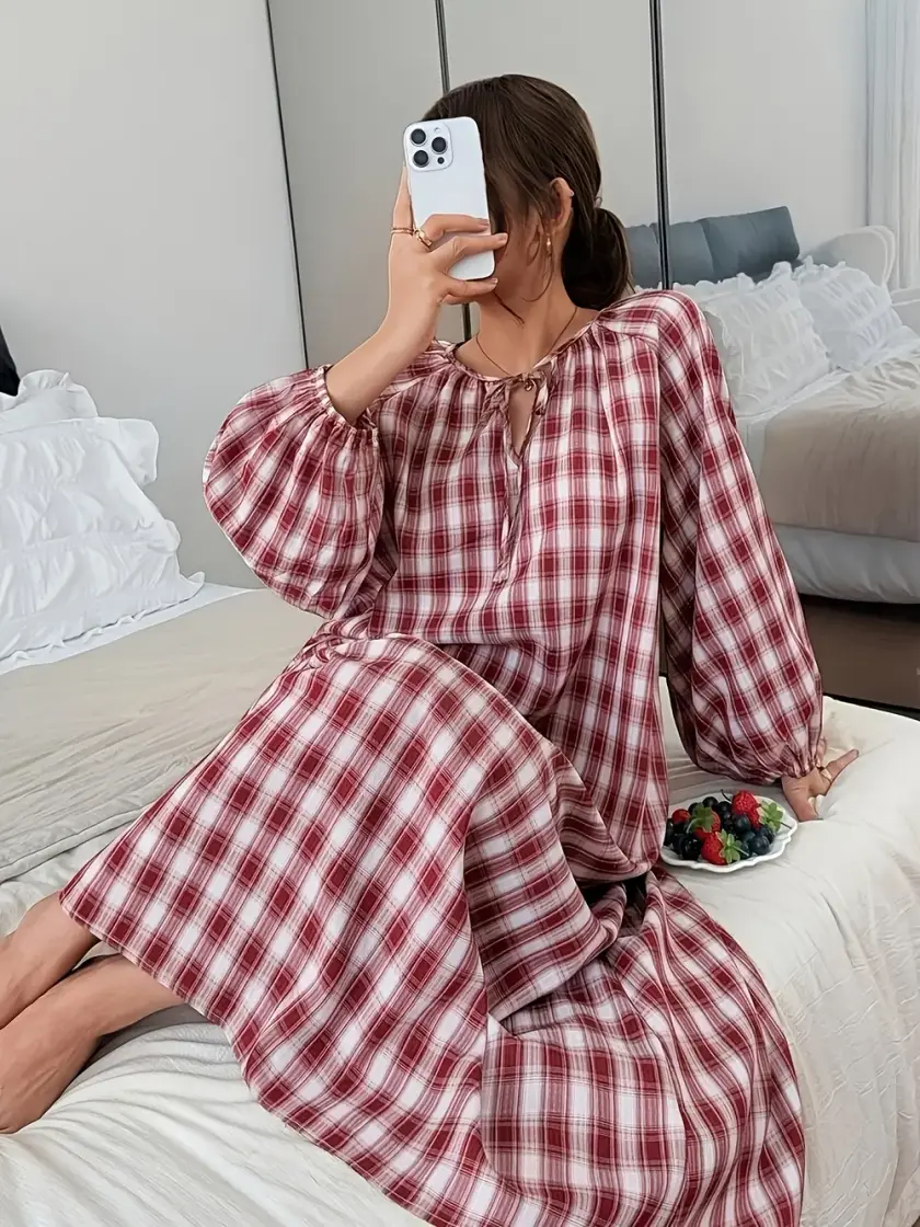 Women's Plaid Long Sleeve Nightdress