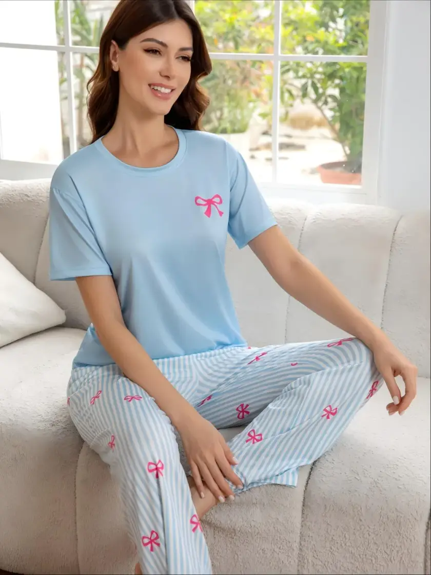 Women's Striped Bow Detail Short Sleeve Pajama Set