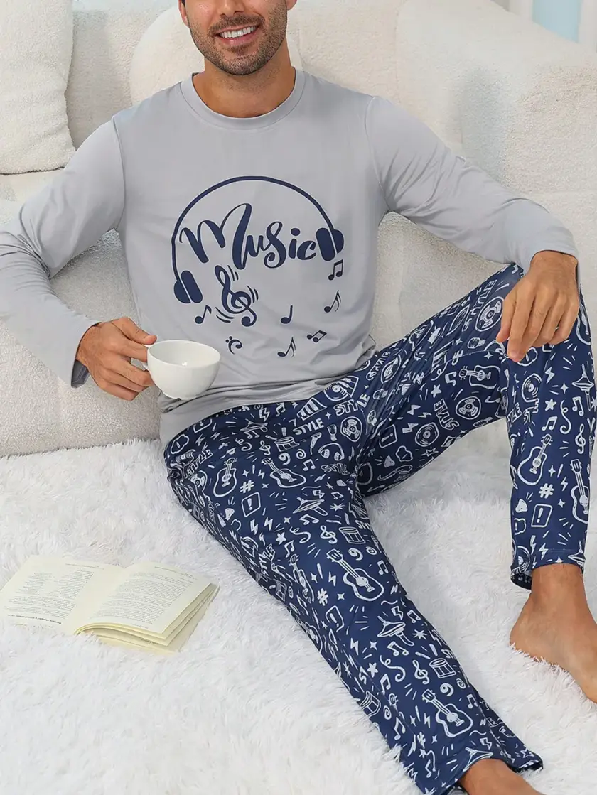Men's Music Print Long Sleeve Pajama Set