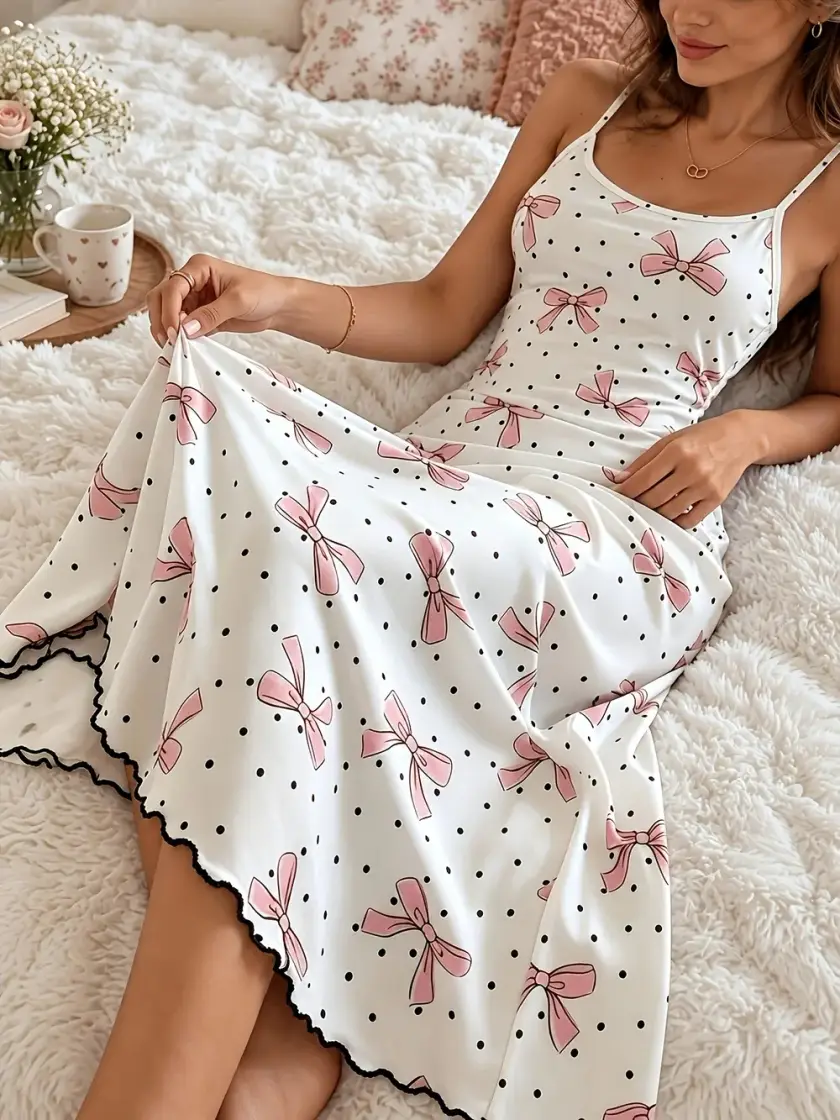 Women's Polka Dot Print Bow Detail Cami Nightdress