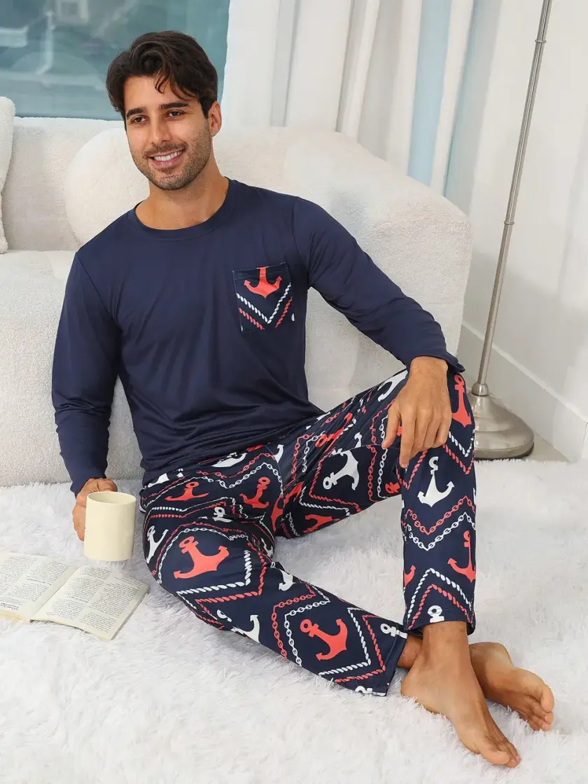 Men's Anchor Print Long Sleeve Pajama Set