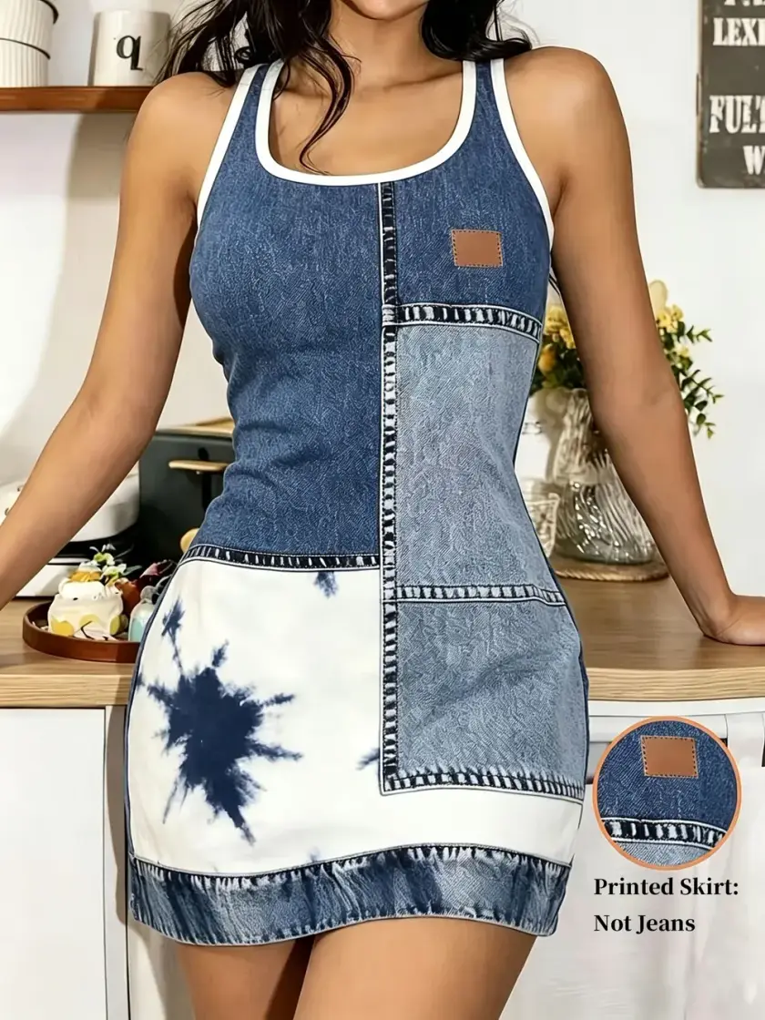 Women's Patchwork Print Sleeveless Mini Dress