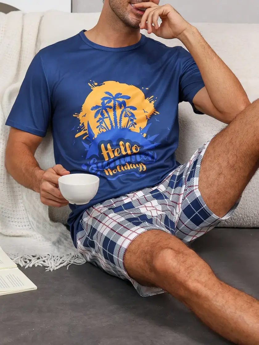 Men's Plaid & Palm Short Sleeve Pajama Set