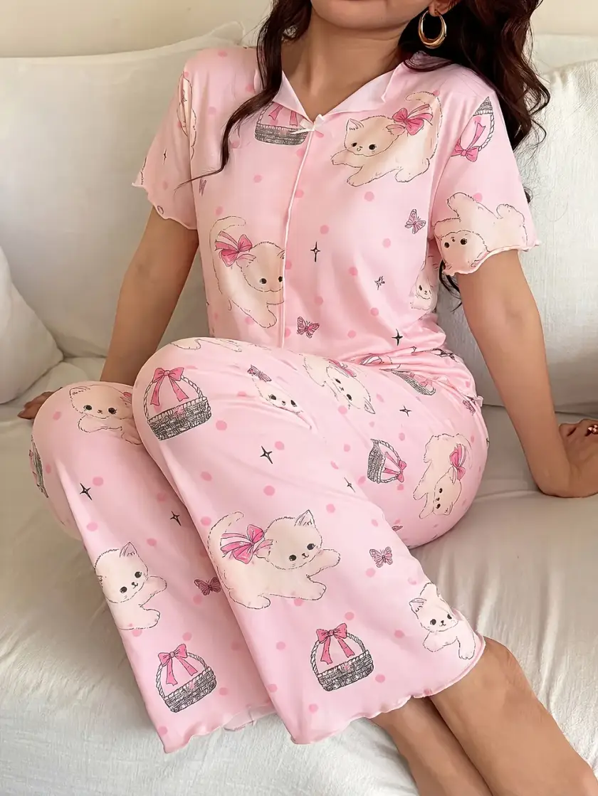 Women's Cat Print Ruffle Short Sleeve Pajama Set