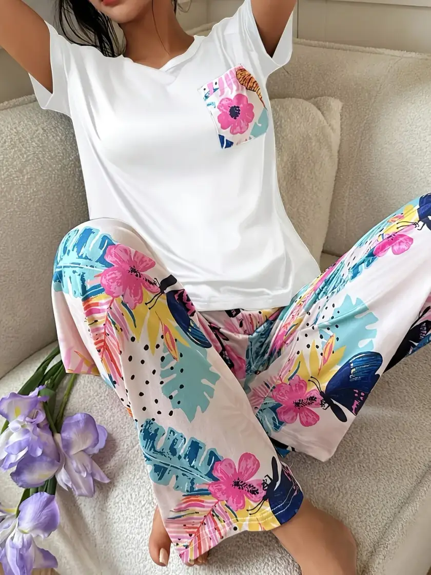 Women's Floral & Butterfly Print Short Sleeve Pajama Set
