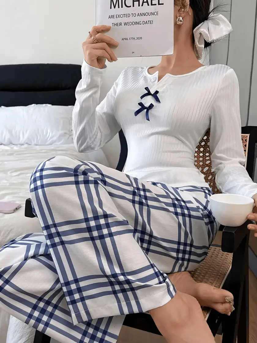 Women's Plaid Ribbed Long Sleeve Pajama Set