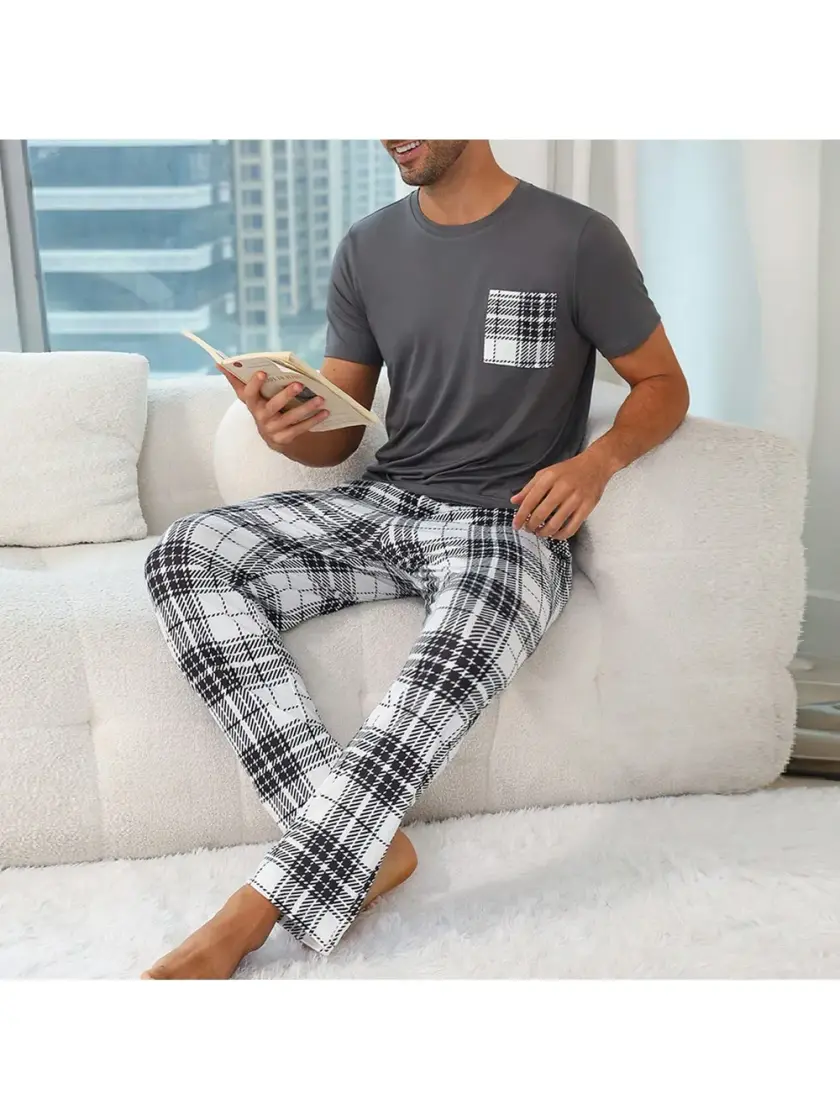 Men's Plaid Short Sleeve Pajama Set
