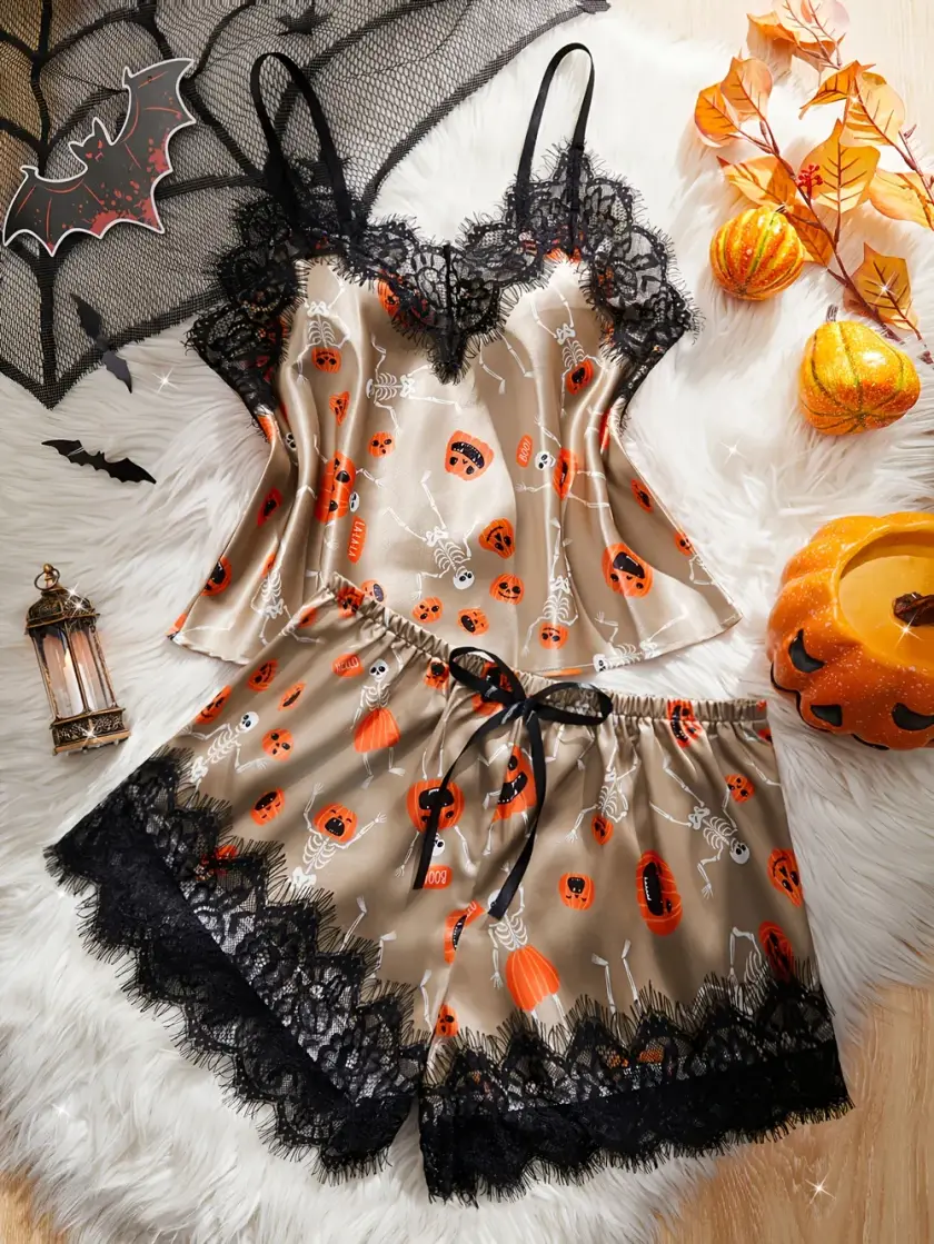 Women's Skull Print Lace Cami Pajama Set