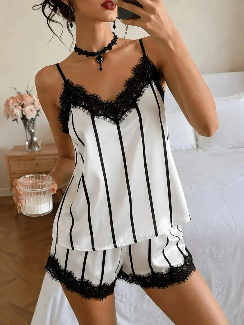 Women's Striped Lace Cami Pajama Set