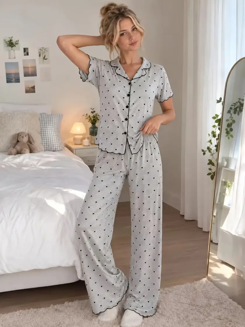 Women's Heart Print Short Sleeve Pajama Set