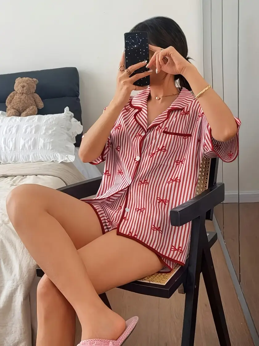 Women's Striped Bow Detail Short Sleeve Pajama Set