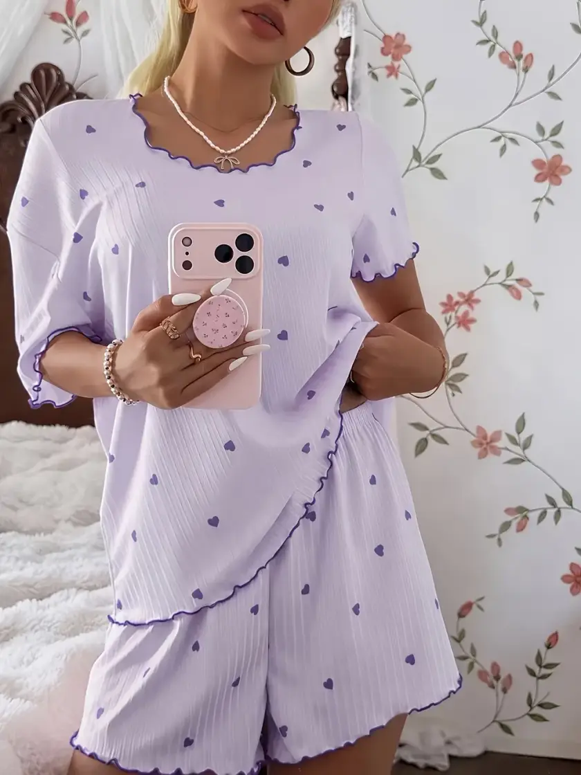 Women's Heart Print Ruffle Short Sleeve Pajama Set