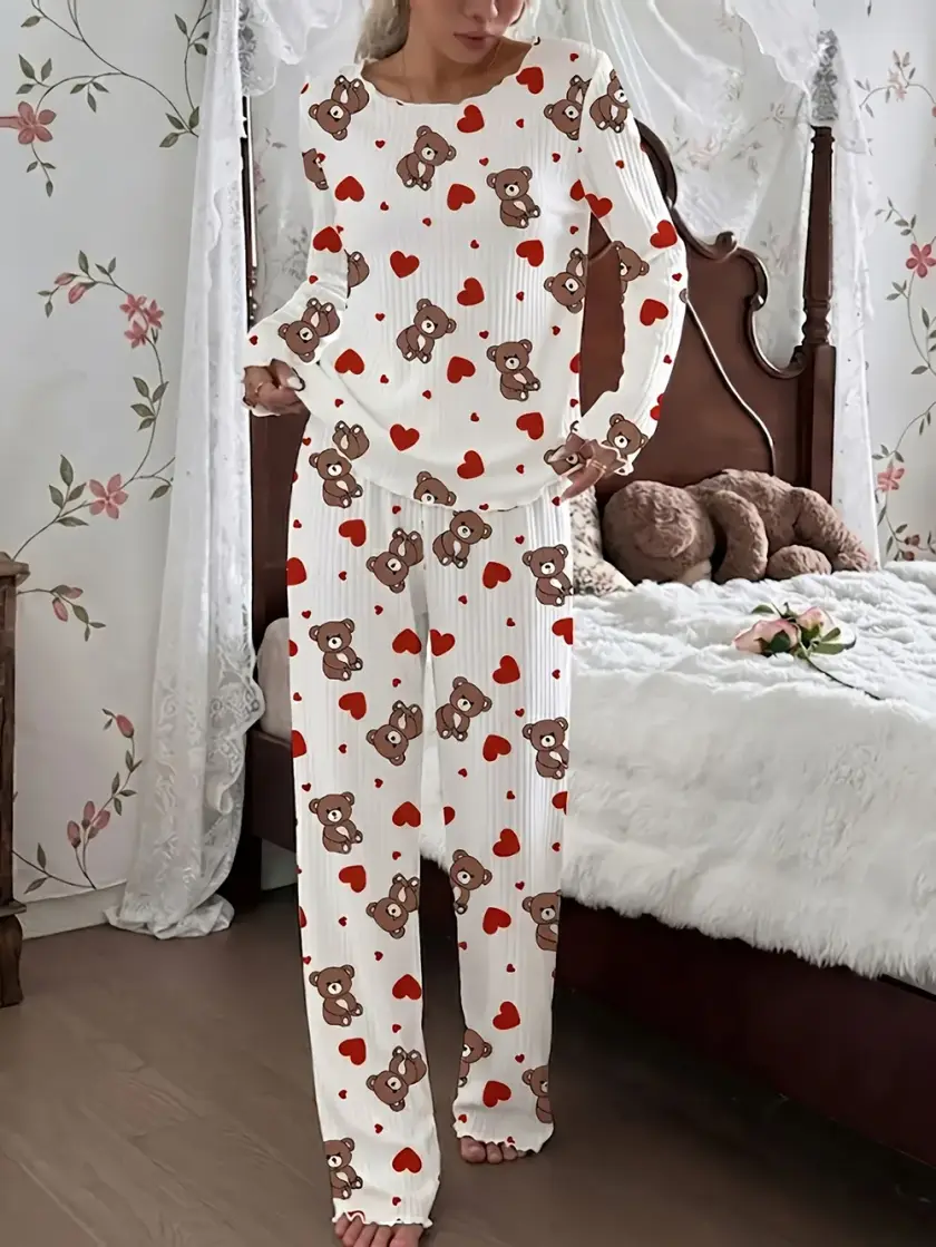 Women's Bear & Heart Print Ribbed Long Sleeve Pajama Set