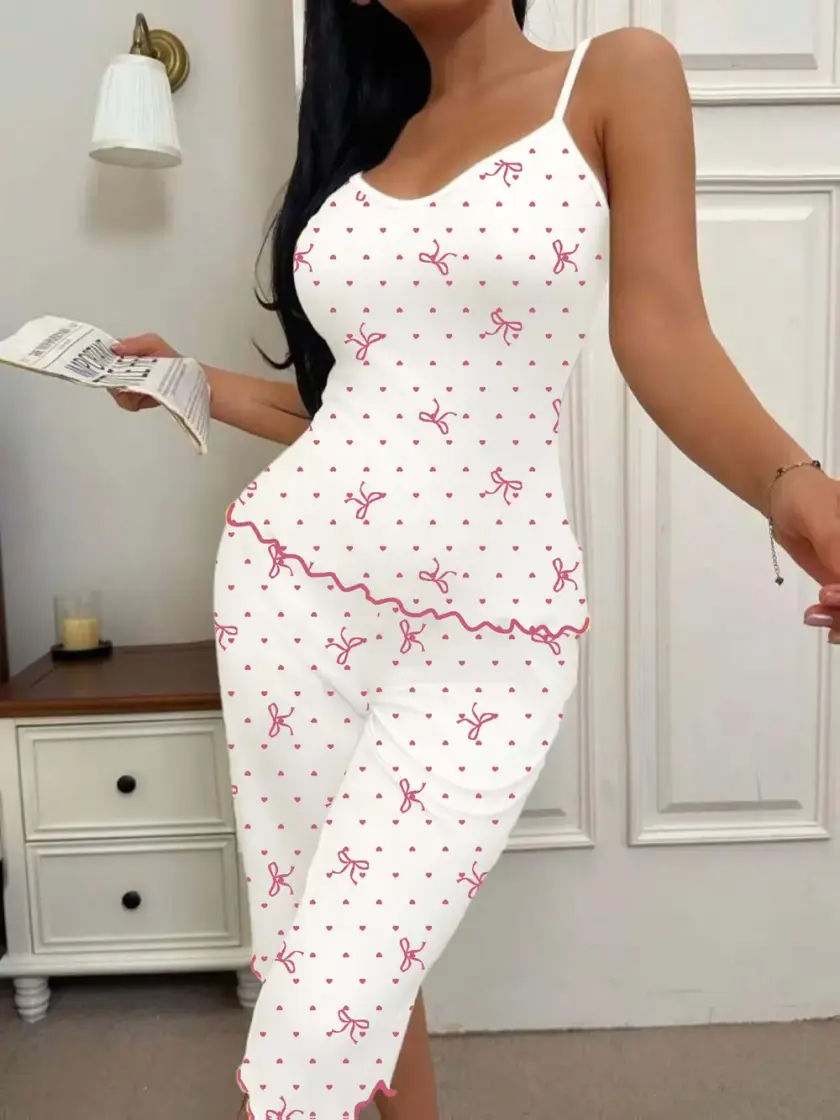 Women's Heart Print Bow Detail Cami Pajama Set