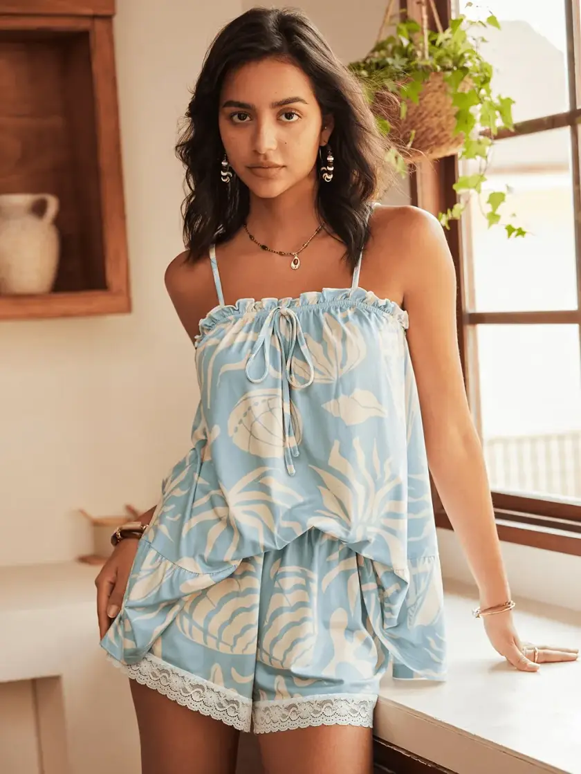 Women's Seashell Print Lace Cami Pajama Set